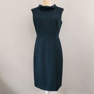 BROOKS BROTHERS Size 6 Navy & Green Houndstooth Tweed Collared Sheath Dress